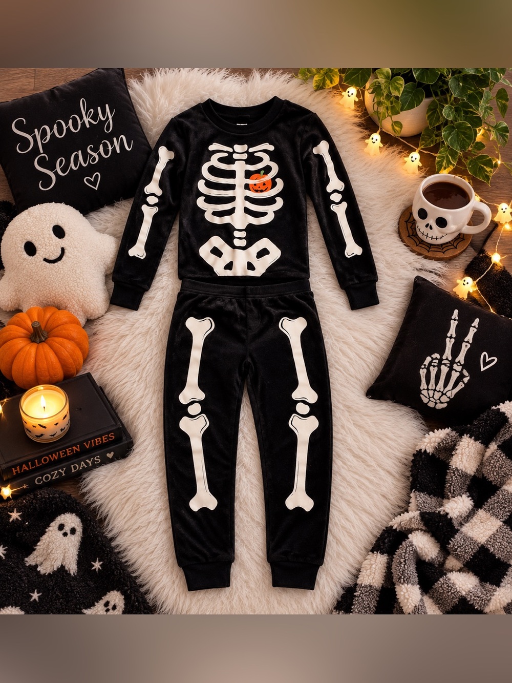 Kids Black Skeleton Costume Pajama Set